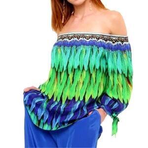 Shahida Parides Feather Printed Cold Shoulder Top Size M 100% Viscose Crepe Silk